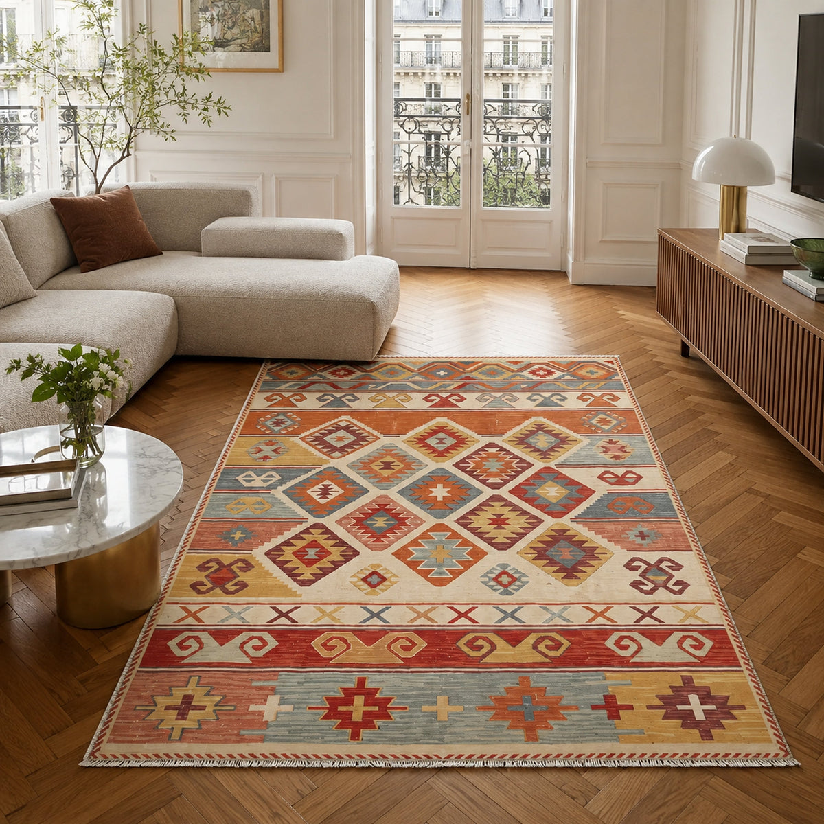 Tapis Ethnique Bleu Marine Lavable Aria, vue principale