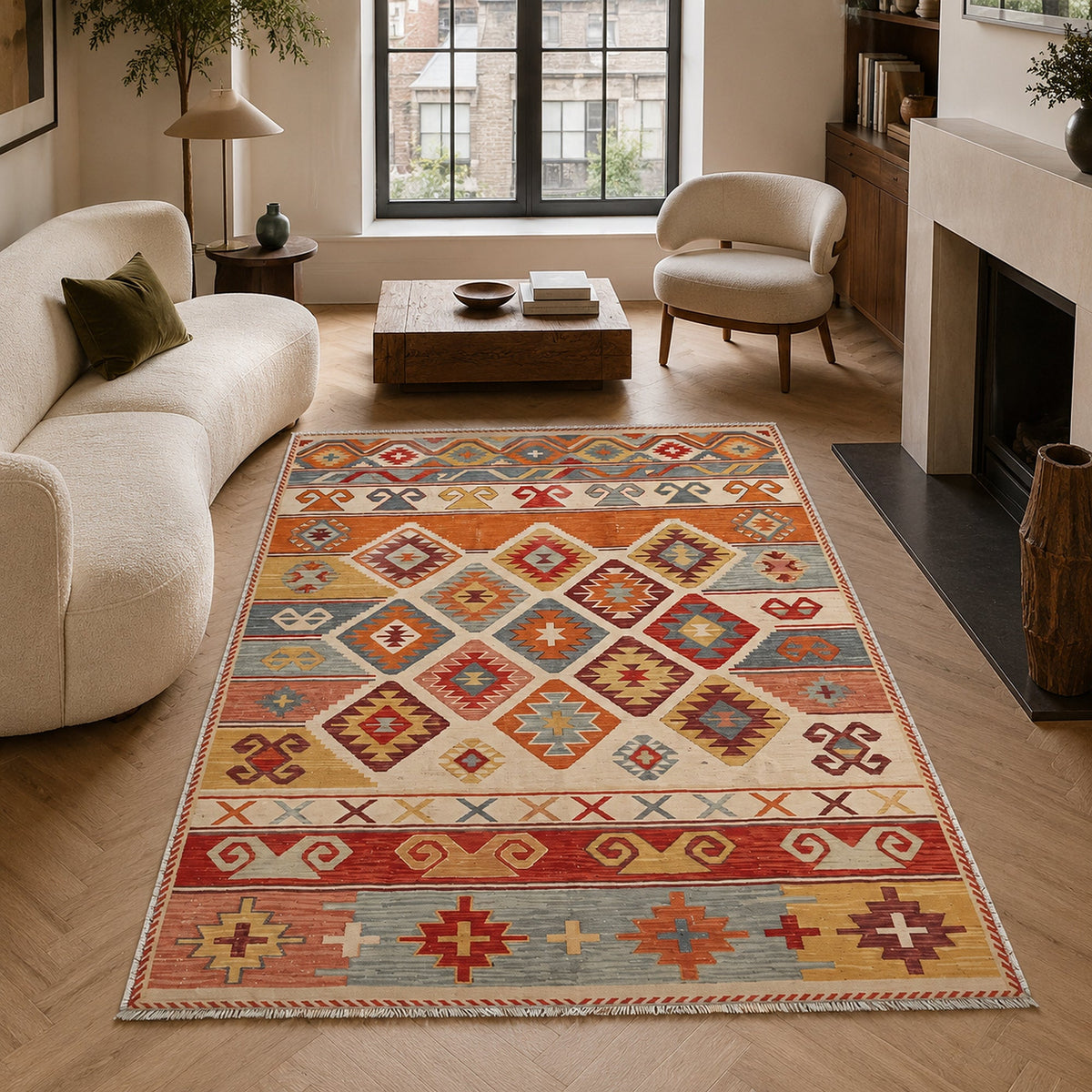 Détail du motif du tapis ethnique bleu marine lavable Aria
