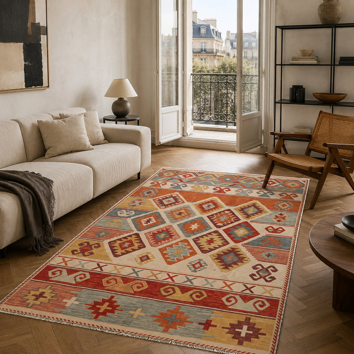 Tapis Ethnique Bleu Marine Lavable Aria, vue 5