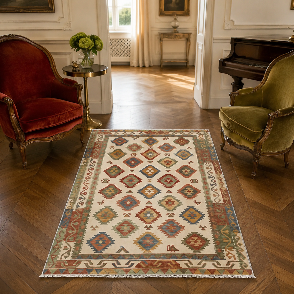 Tapis Ethnique Crème et Blanc Lavable Nino, vue principale