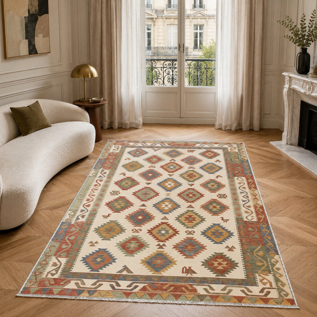Détail du motif du tapis ethnique crème et blanc lavable Nino