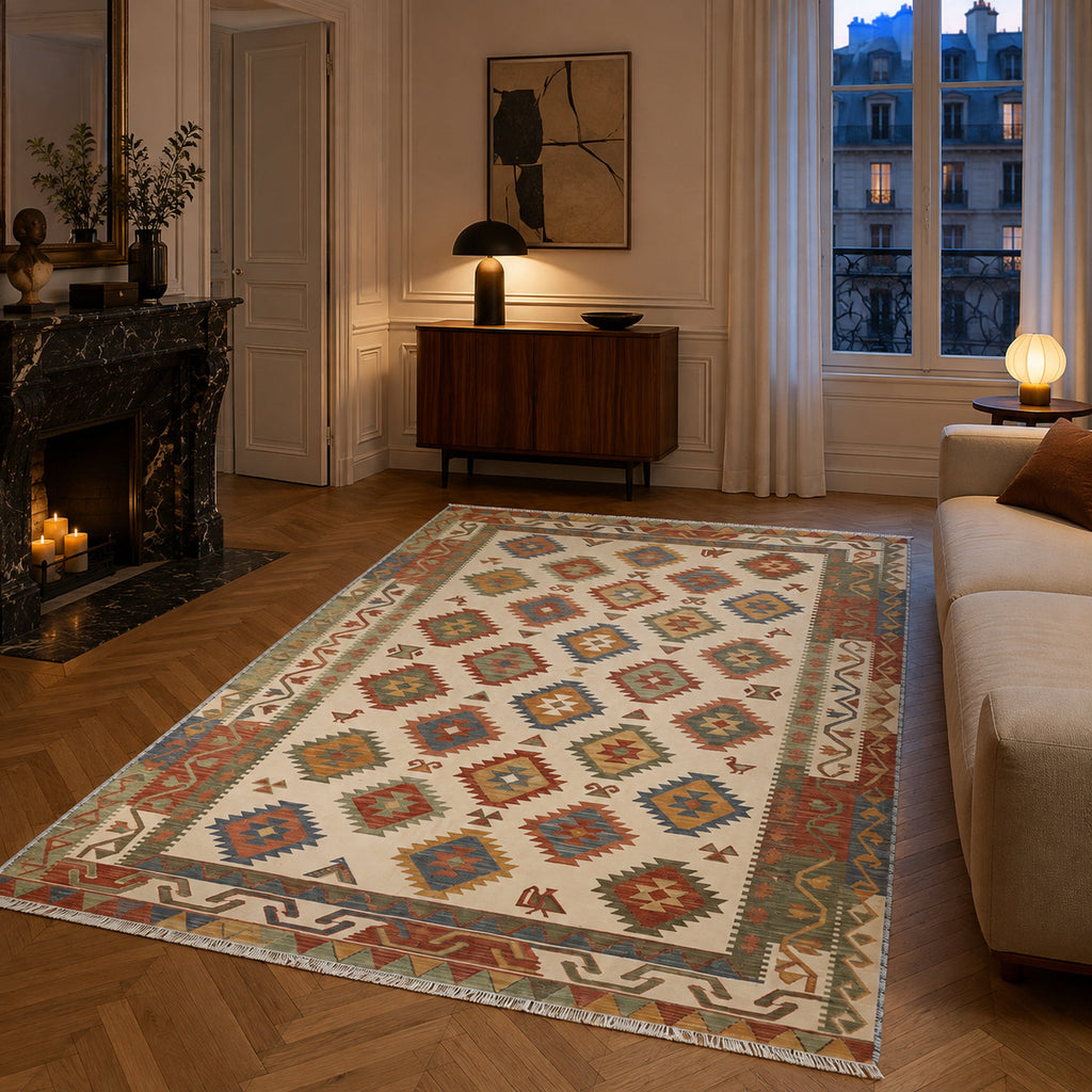 Tapis Ethnique Crème et Blanc Lavable Nino, vue 4