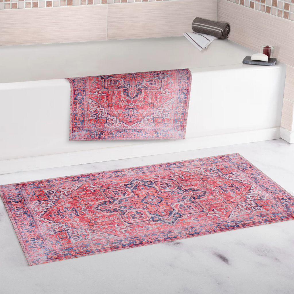 Détail du motif du tapis classique vintage bordeaux lavable Oriane
