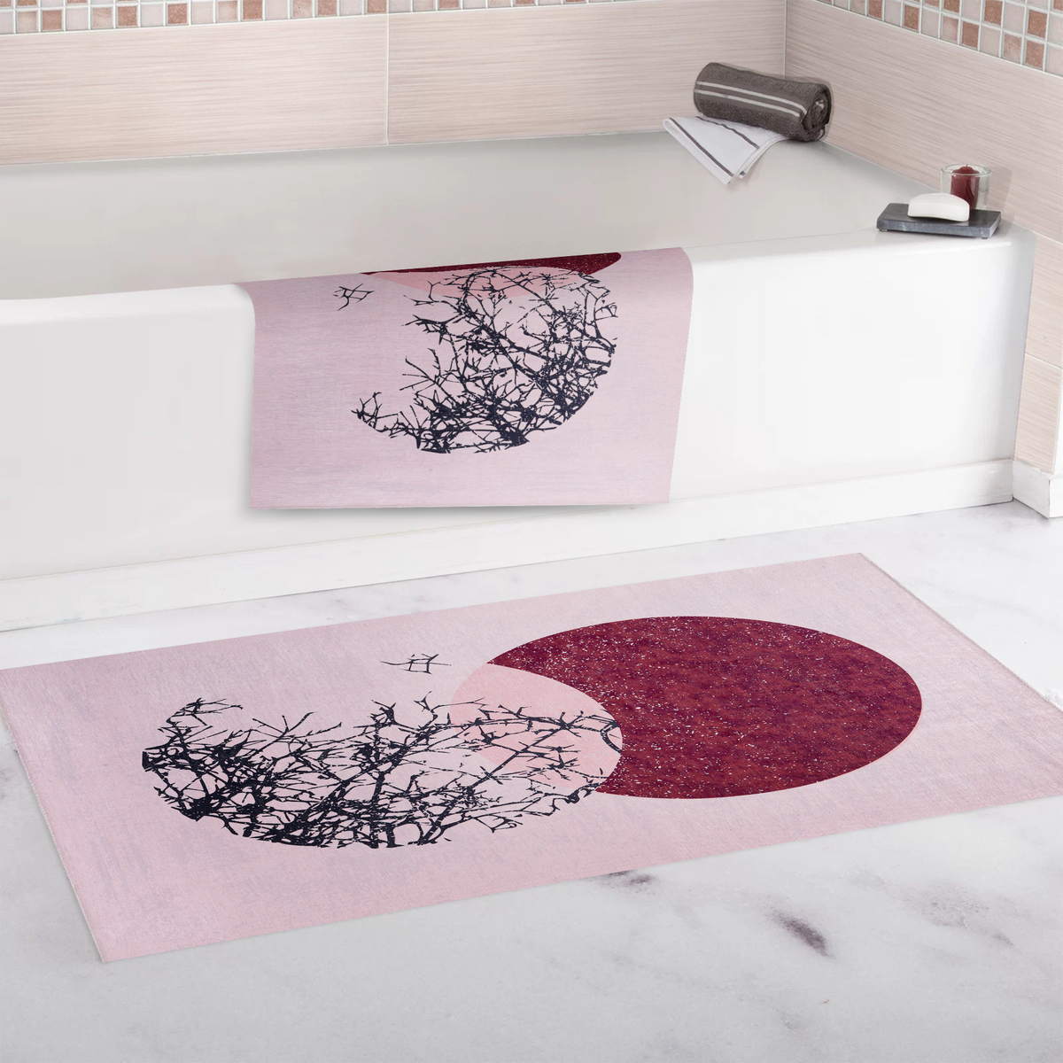 Détail du motif du tapis abstrait crème et blanc lavable Gabriel