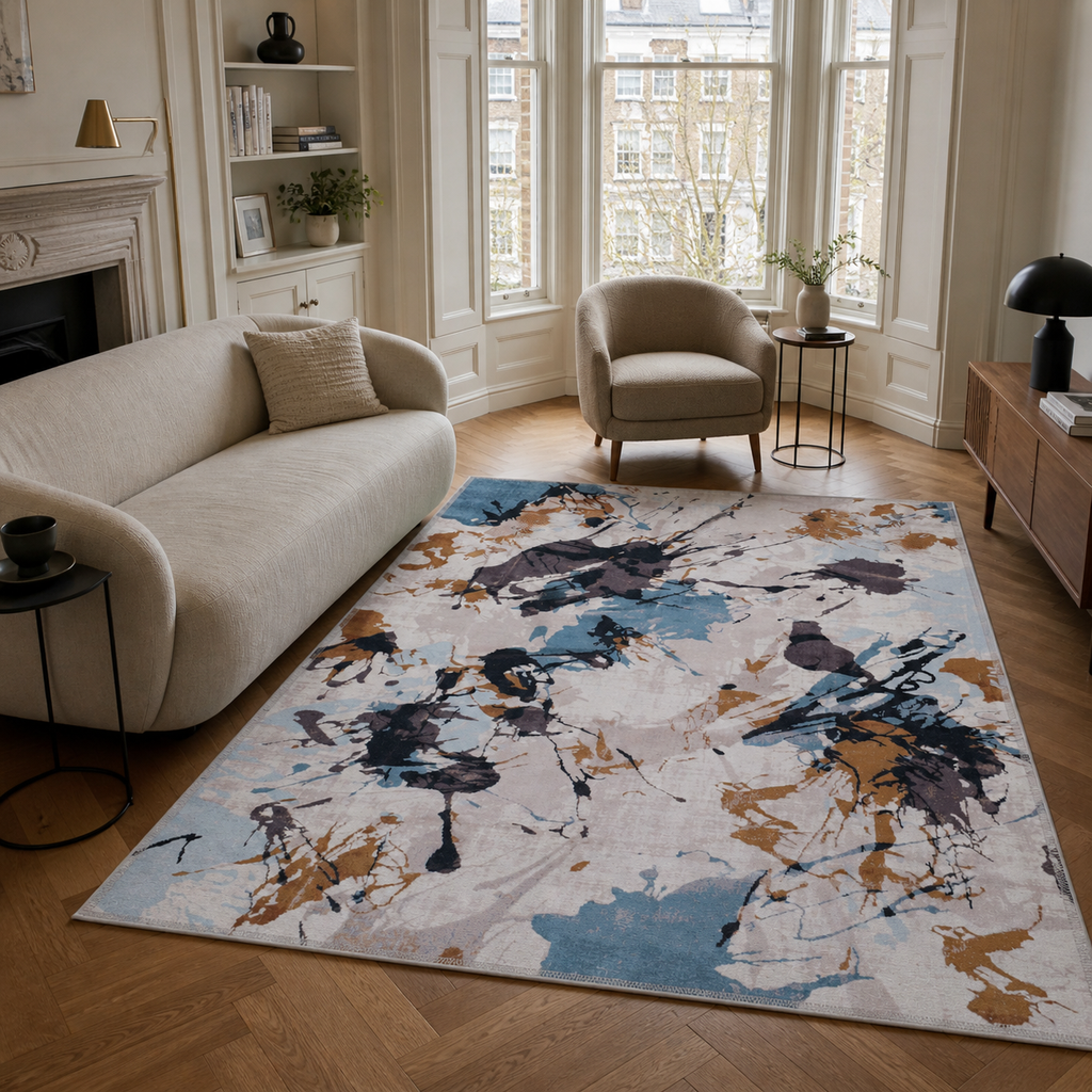 Tapis Abstrait Bleu Marine Lavable Mariah, vue principale