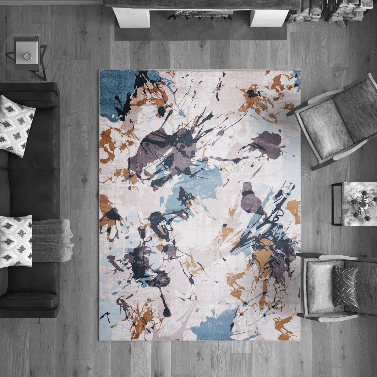 Tapis Abstrait Bleu Marine Lavable Mariah, vue 9