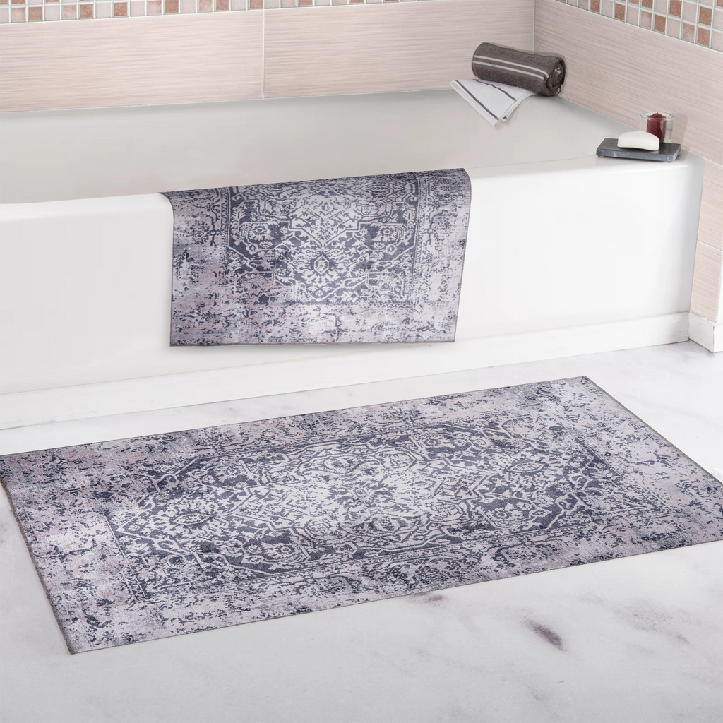 Détail du motif du tapis vintage crème et blanc lavable Éloi