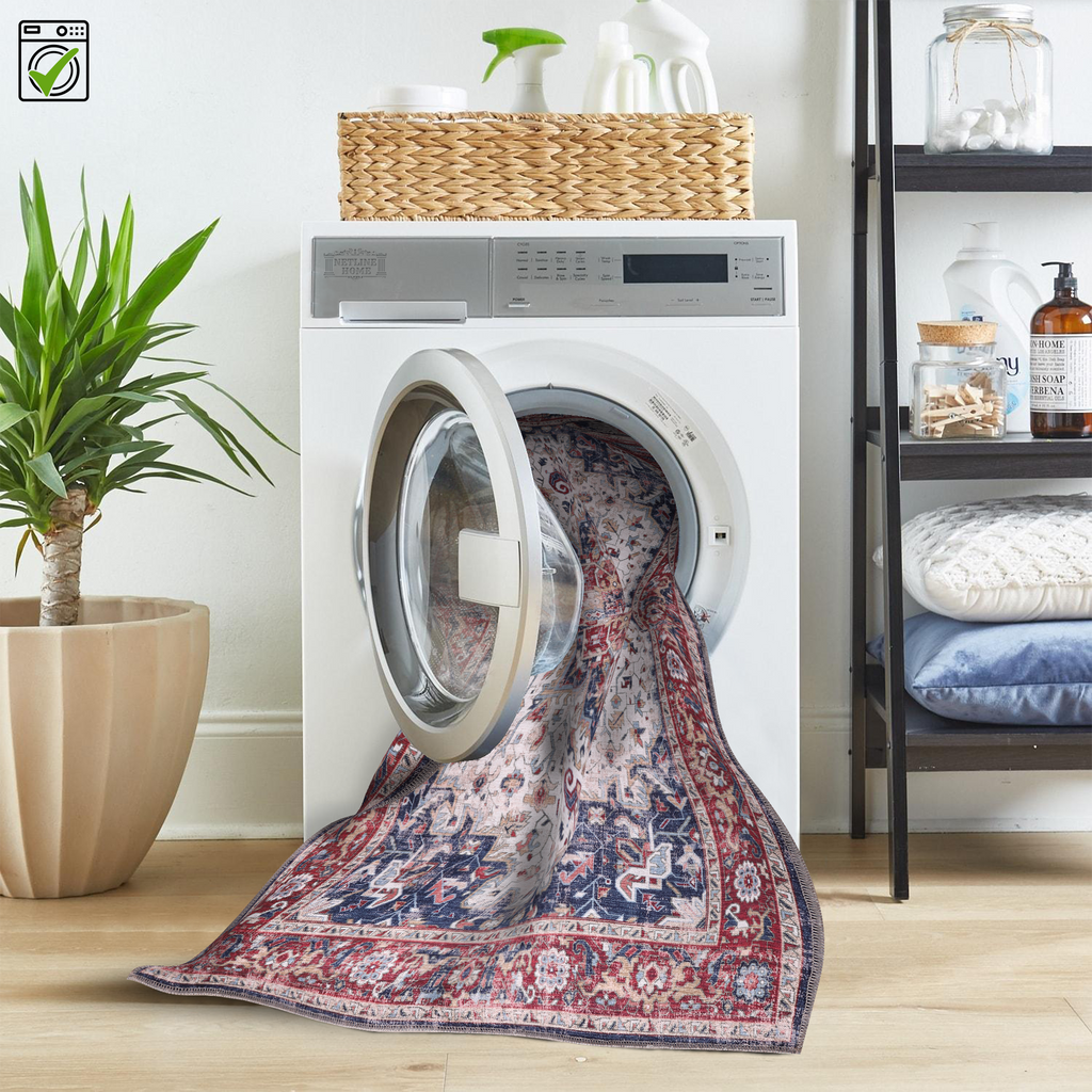 Détail du motif du tapis classique vintage bordeaux lavable Zola
