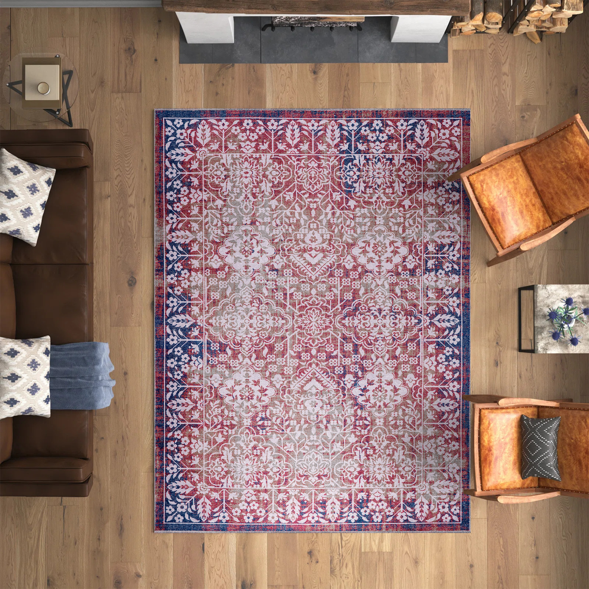 Détail du motif du tapis classique vintage bordeaux lavable Victoire