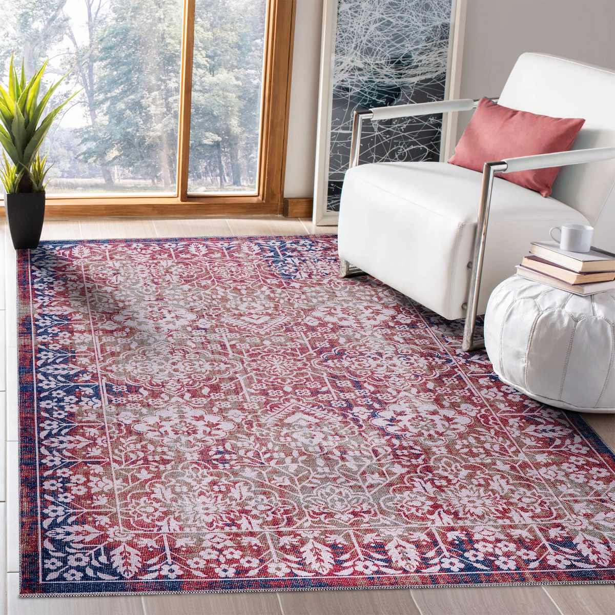 Tapis Classique Vintage Bordeaux Lavable Victoire, vue principale