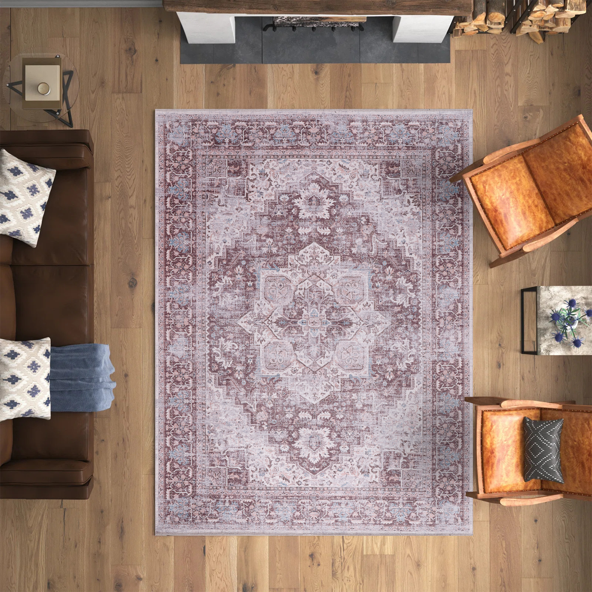 Tapis Vintage Bleu Marine Lavable Amélia, vue principale