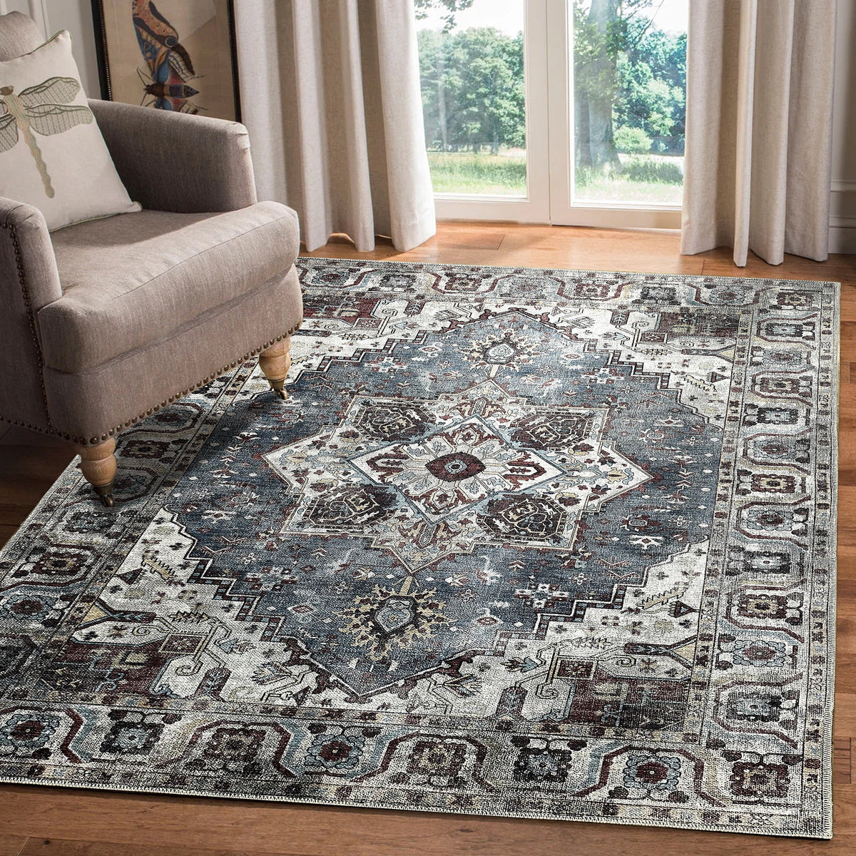 Tapis Ethnique Bleu Marine Lavable Garance, vue 4