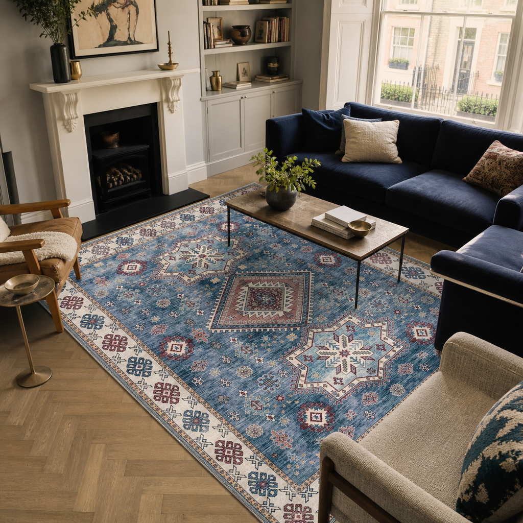 Tapis Ethnique Crème et Blanc Lavable Giulia, vue principale