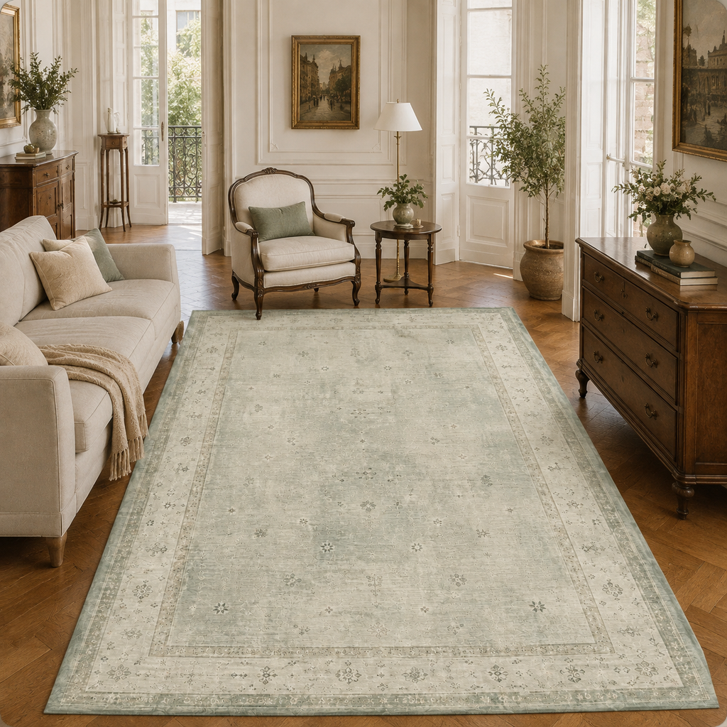 Détail du motif du tapis abstrait crème et blanc lavable Margot