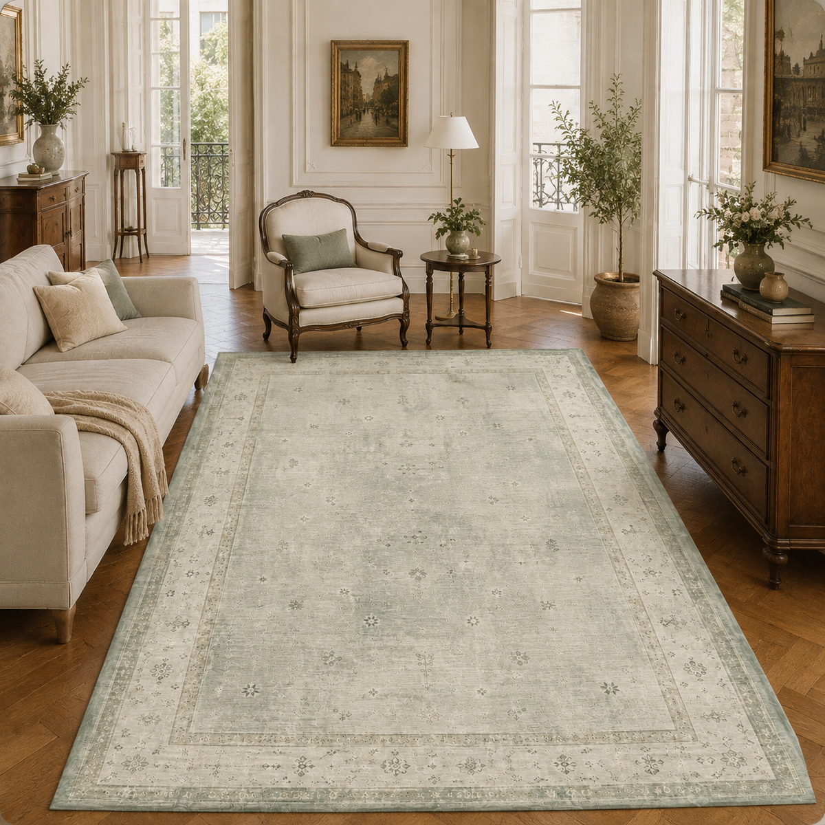 Détail du motif du tapis abstrait crème et blanc lavable Margot