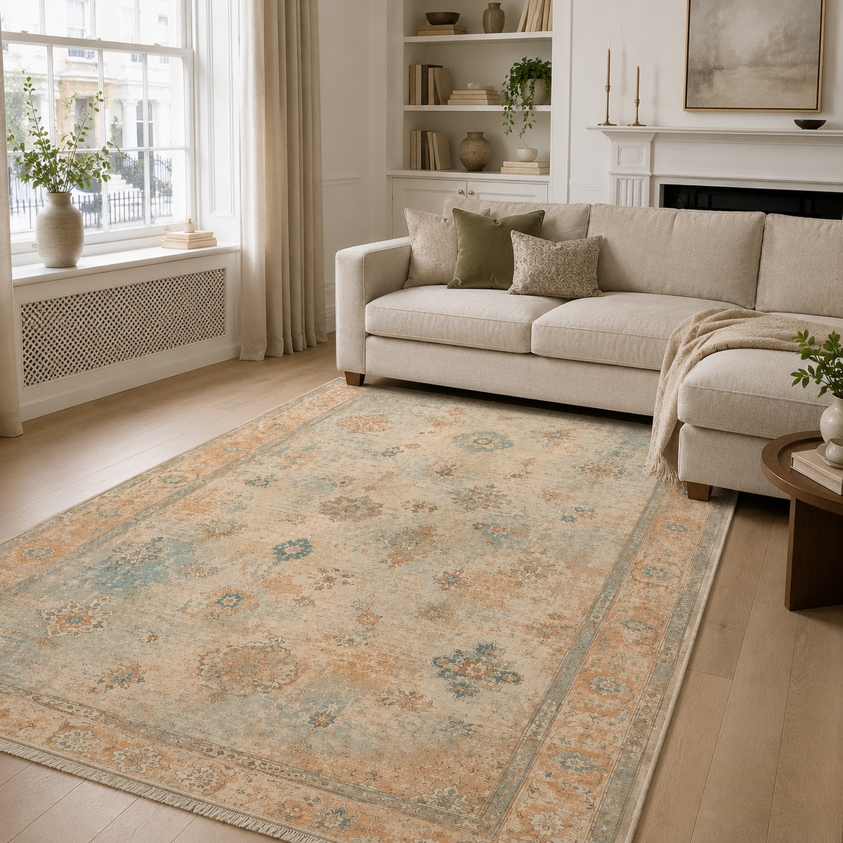 Tapis Classique Vintage Crème et Blanc Lavable Héloïse, vue principale