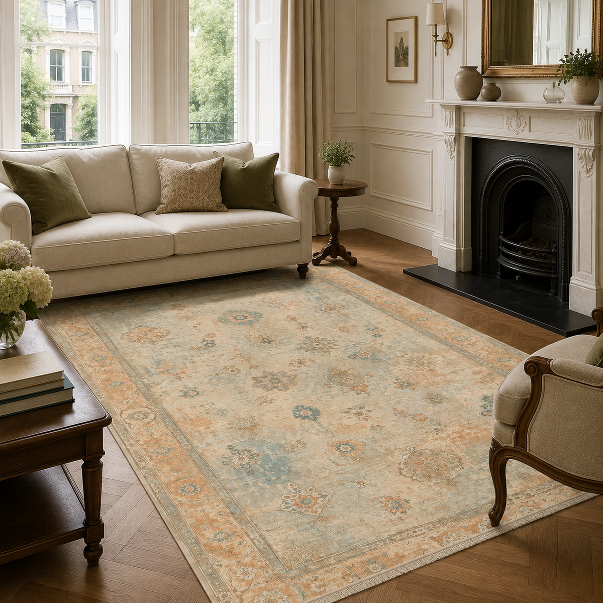 Détail du motif du tapis classique vintage crème et blanc lavable Héloïse