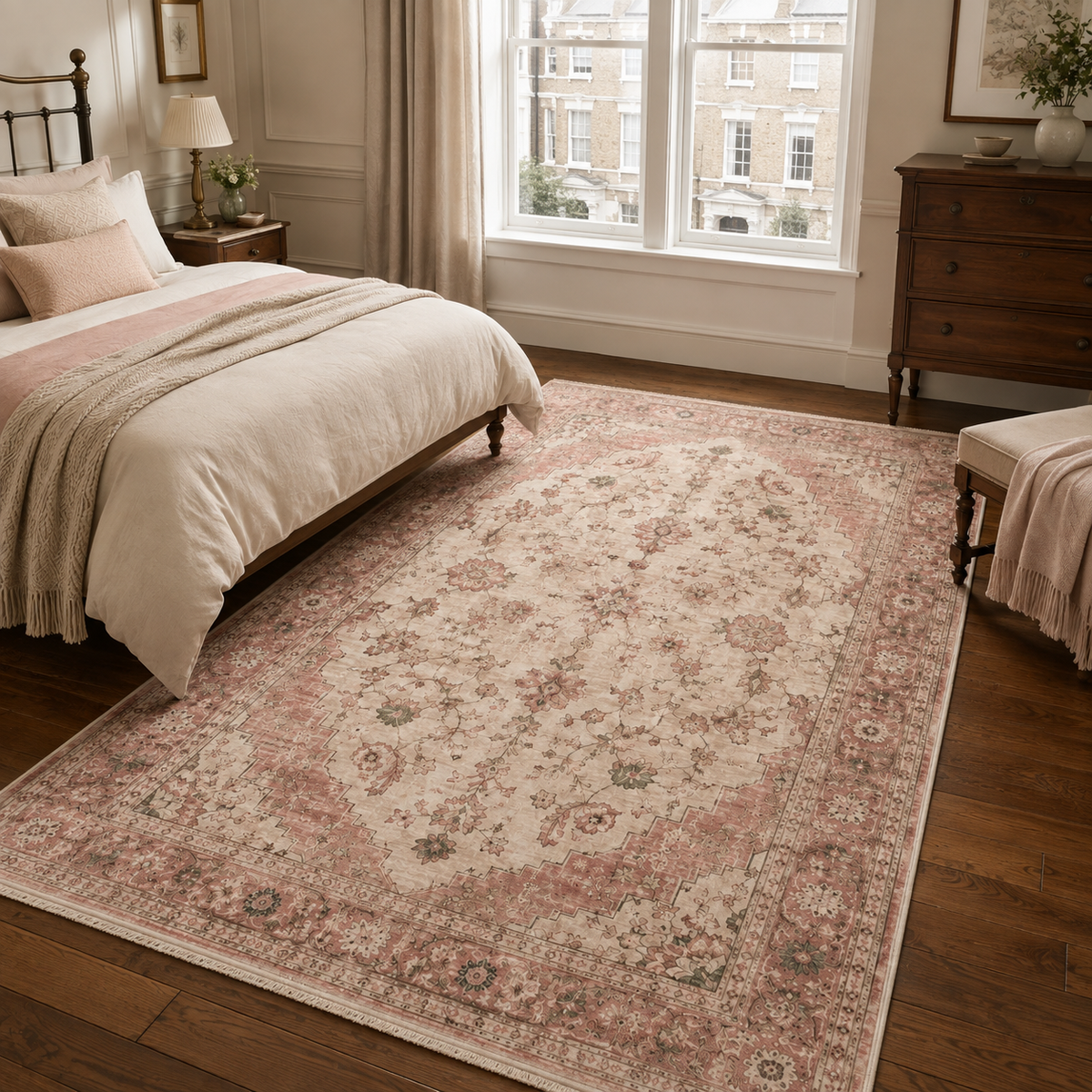 Détail du motif du tapis classique vintage crème et blanc lavable Anya