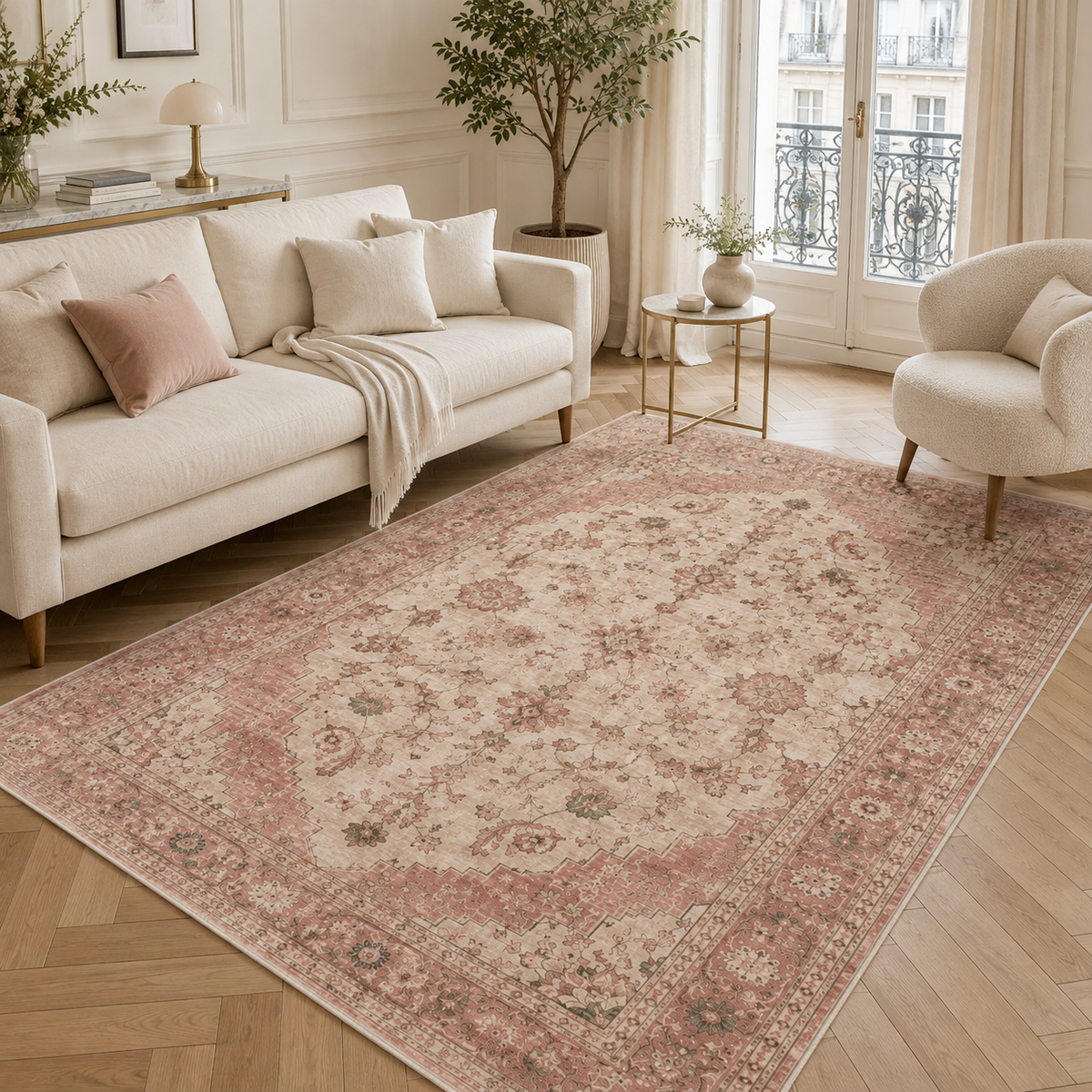 Tapis Classique Vintage Crème et Blanc Lavable Anya, vue 3