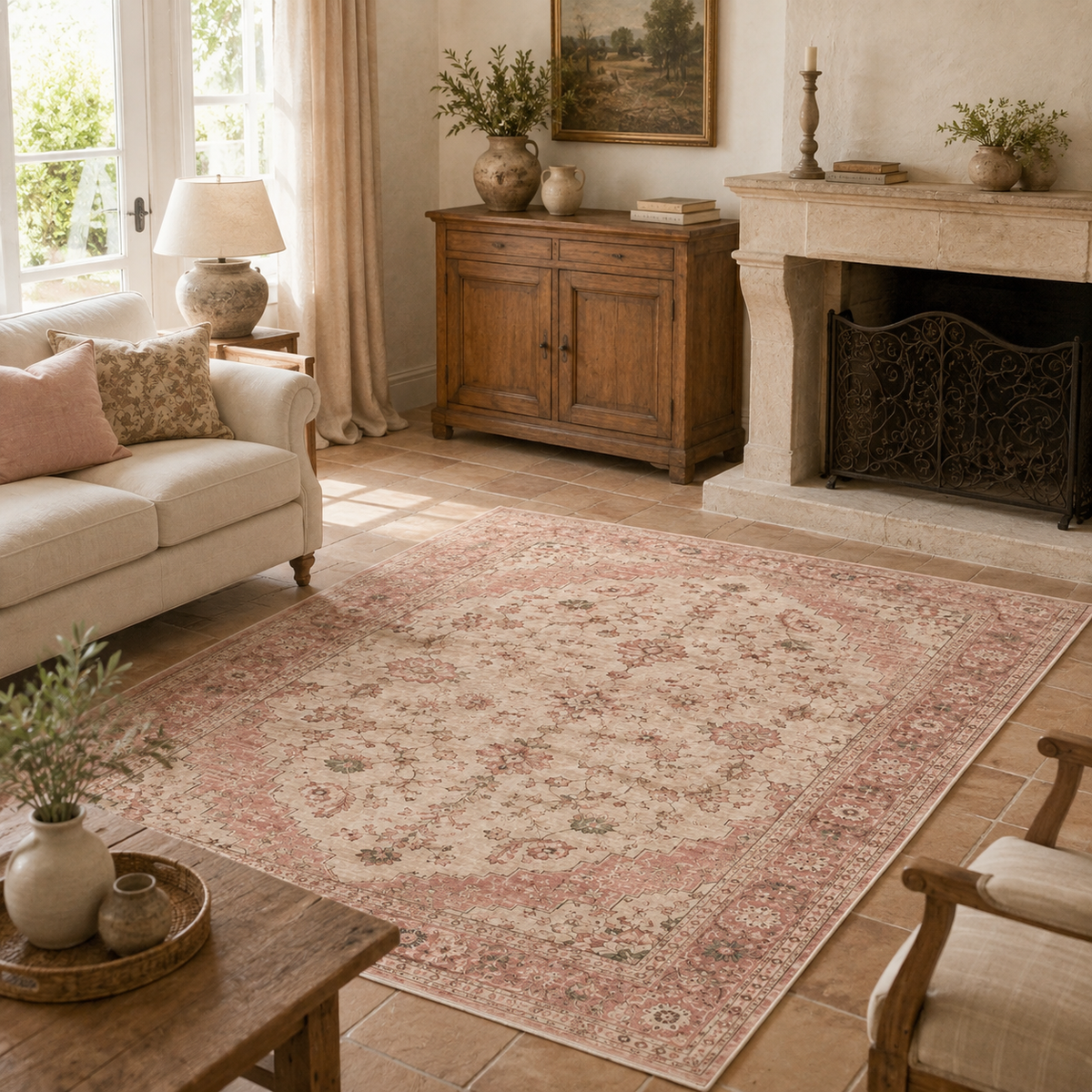 Tapis Classique Vintage Crème et Blanc Lavable Anya, vue 4