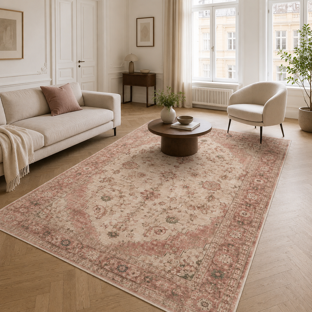 Tapis Classique Vintage Crème et Blanc Lavable Anya, vue 5