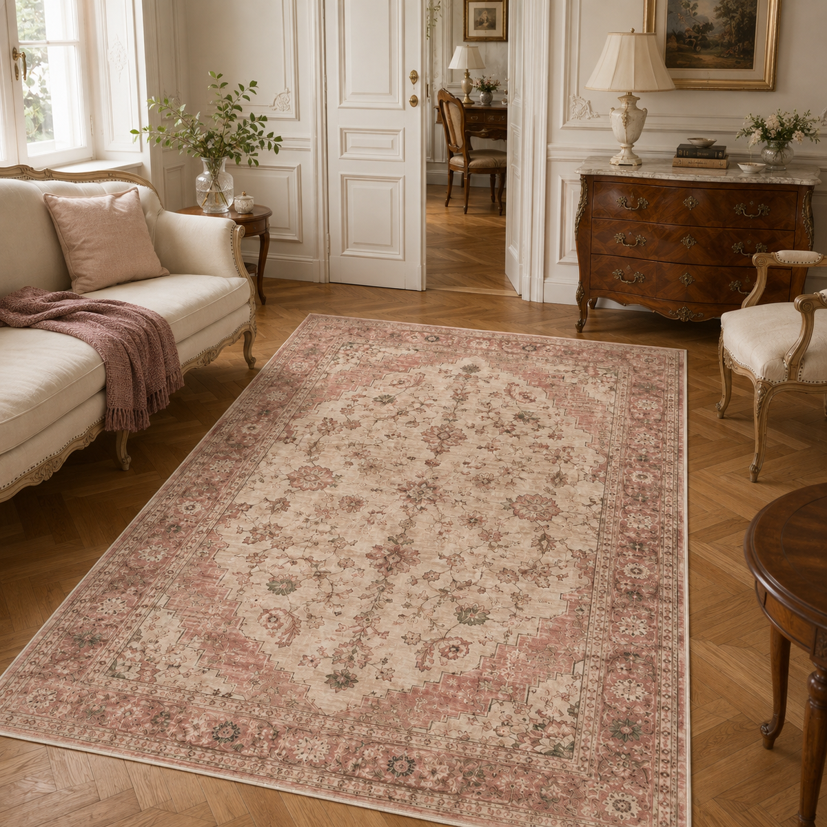 Tapis Classique Vintage Crème et Blanc Lavable Anya, vue 6