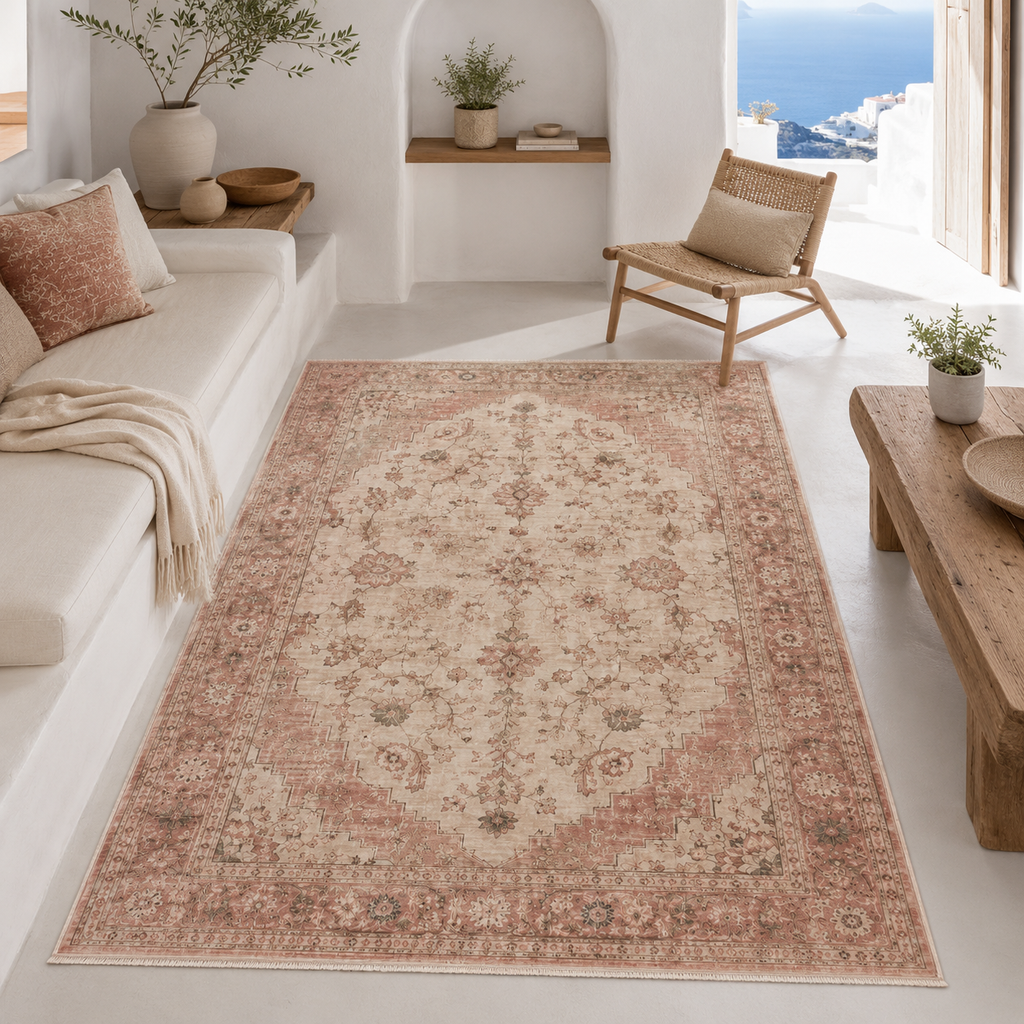 Tapis Classique Vintage Crème et Blanc Lavable Anya, vue 7