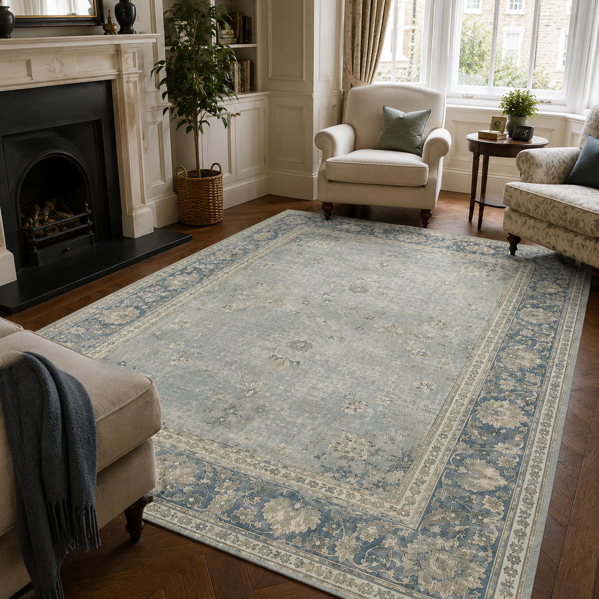 Détail du motif du tapis ethnique vintage bleu marine lavable Enora