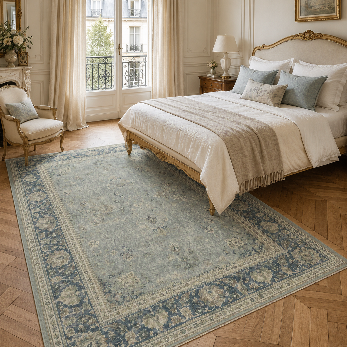 Tapis Ethnique Vintage Bleu Marine Lavable Enora, vue 6