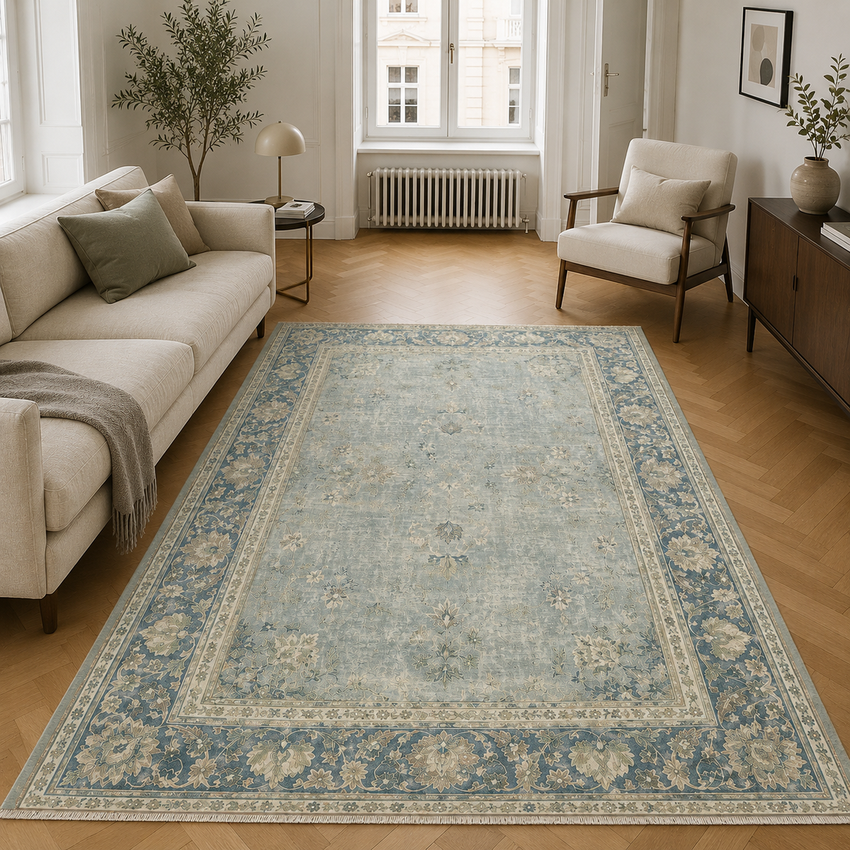 Tapis Ethnique Vintage Bleu Marine Lavable Enora, vue 7