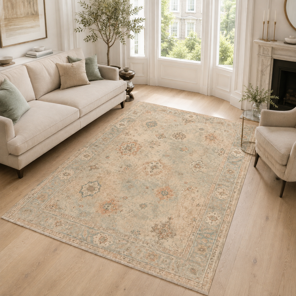 Tapis Classique Vintage Crème et Blanc Lavable Mélina, vue principale