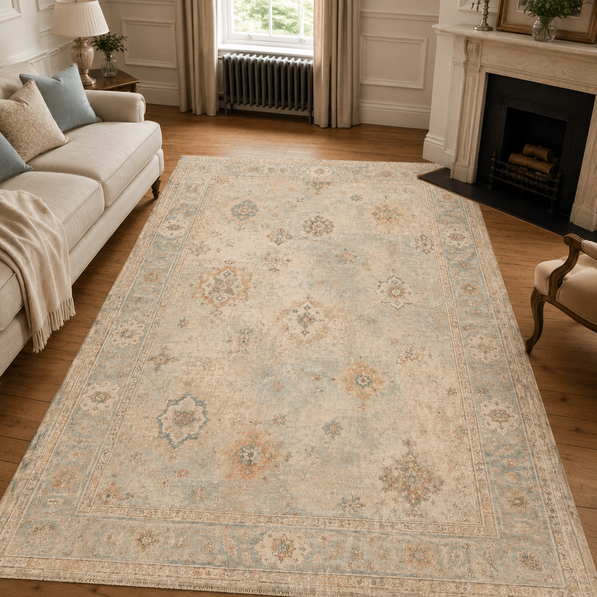 Détail du motif du tapis classique vintage crème et blanc lavable Mélina