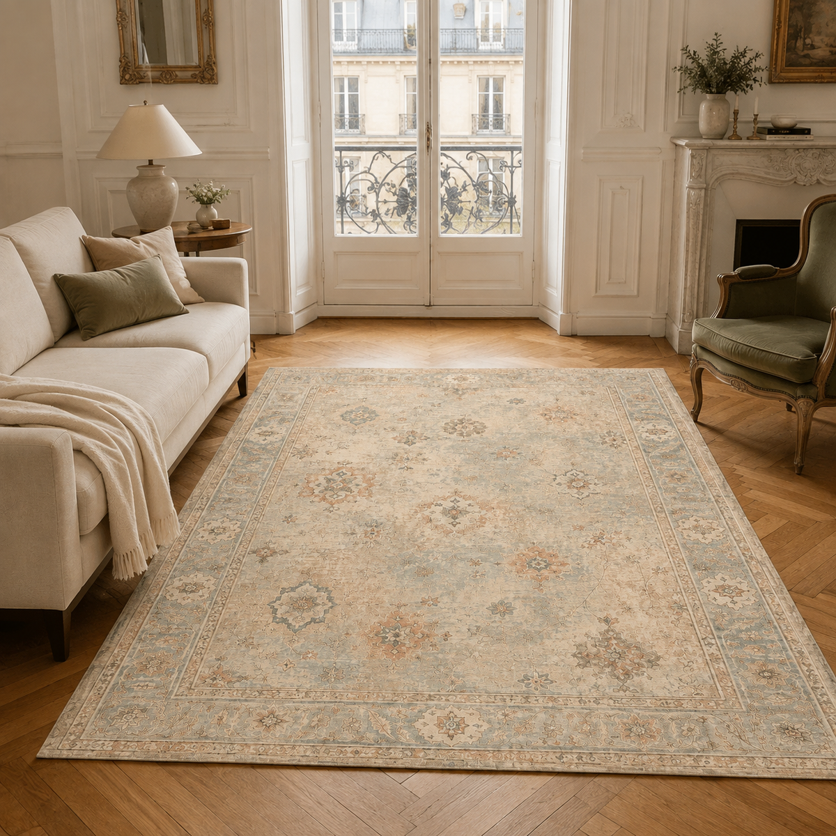 Tapis Classique Vintage Crème et Blanc Lavable Mélina, vue 5