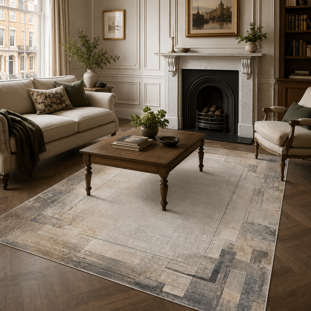 Détail du motif du tapis vintage crème et blanc lavable Alba