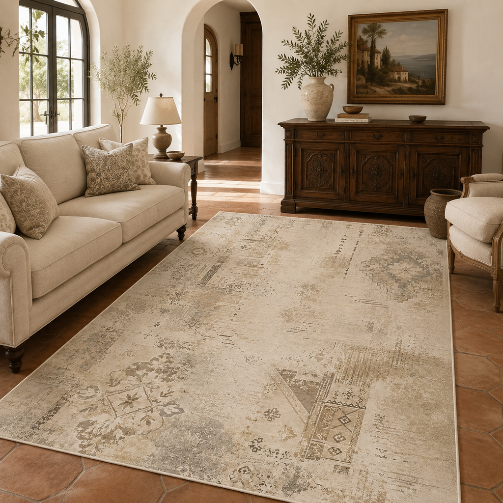 Tapis Abstrait Crème et Blanc Lavable Lysandre, vue 9