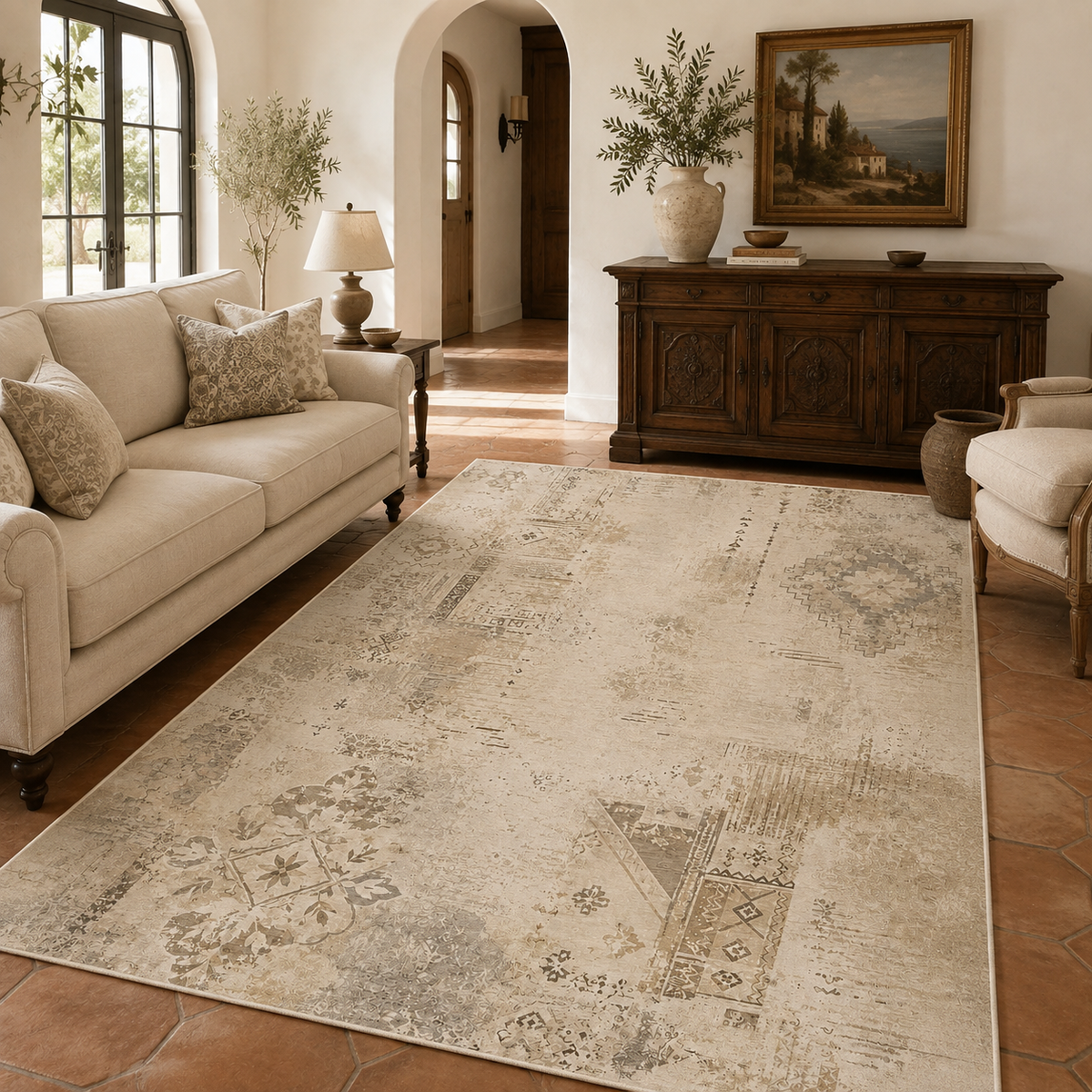 Tapis Abstrait Crème et Blanc Lavable Lysandre, vue 9
