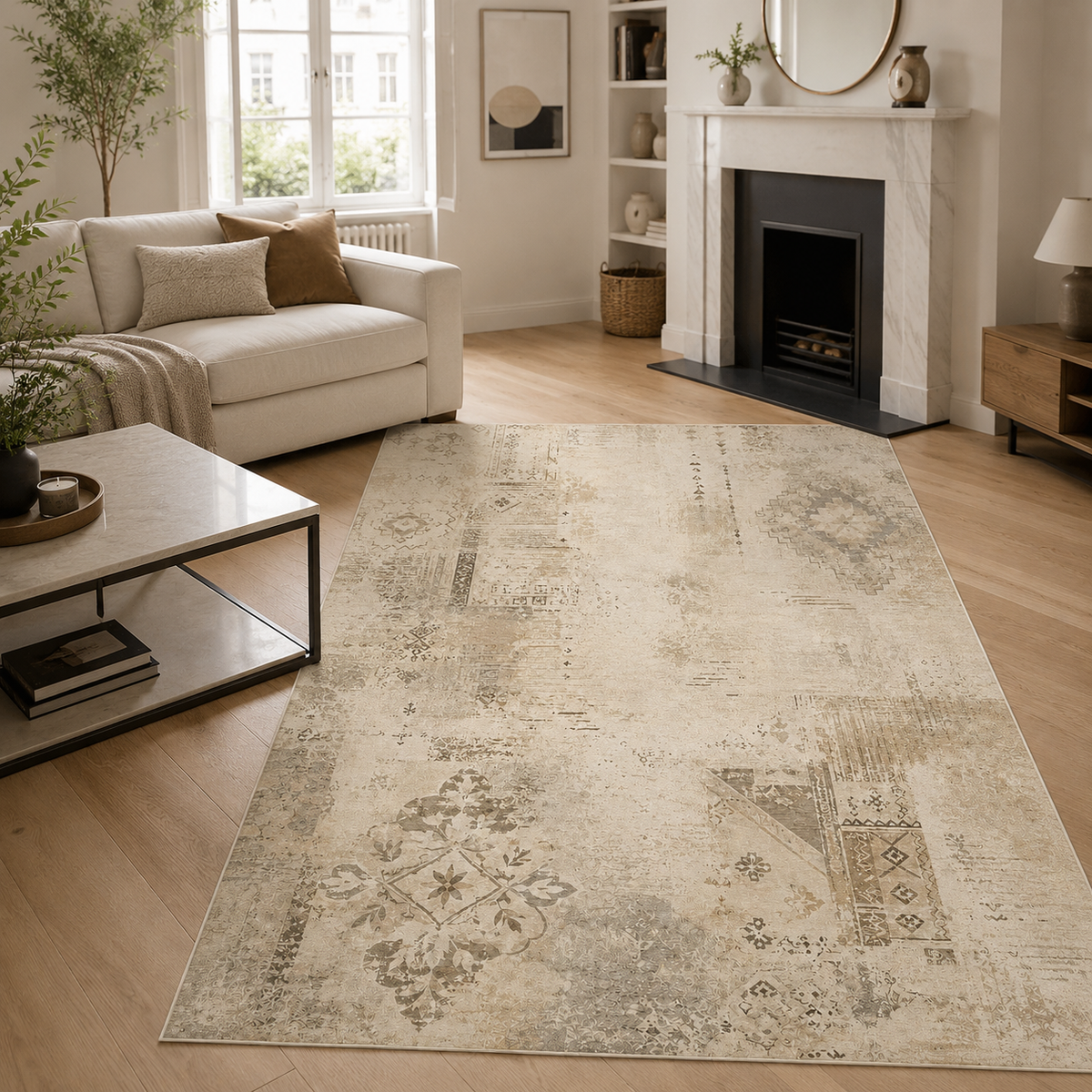 Tapis Abstrait Crème et Blanc Lavable Lysandre, vue principale