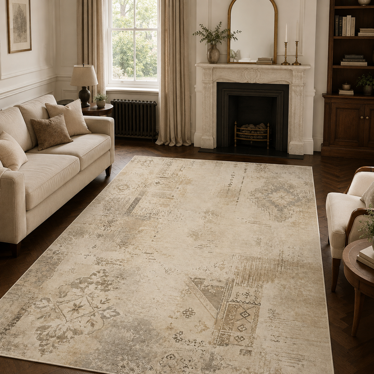 Détail du motif du tapis abstrait crème et blanc lavable Lysandre