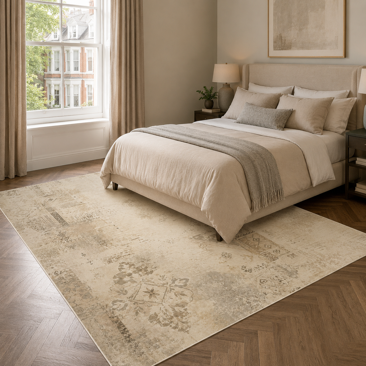 Tapis Abstrait Crème et Blanc Lavable Lysandre, vue 3