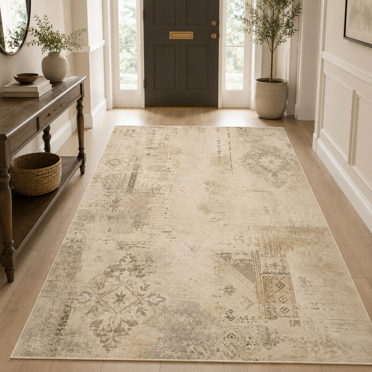 Tapis Abstrait Crème et Blanc Lavable Lysandre, vue 4