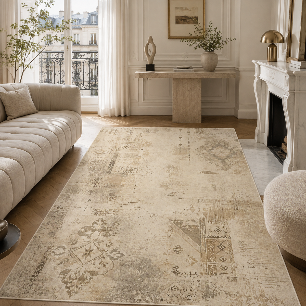 Tapis Abstrait Crème et Blanc Lavable Lysandre, vue 5