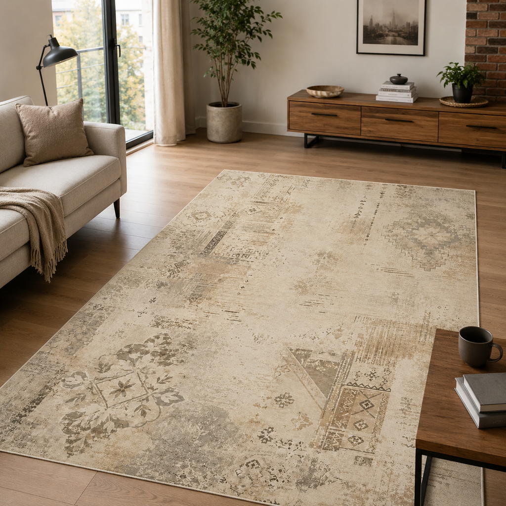 Tapis Abstrait Crème et Blanc Lavable Lysandre, vue 7