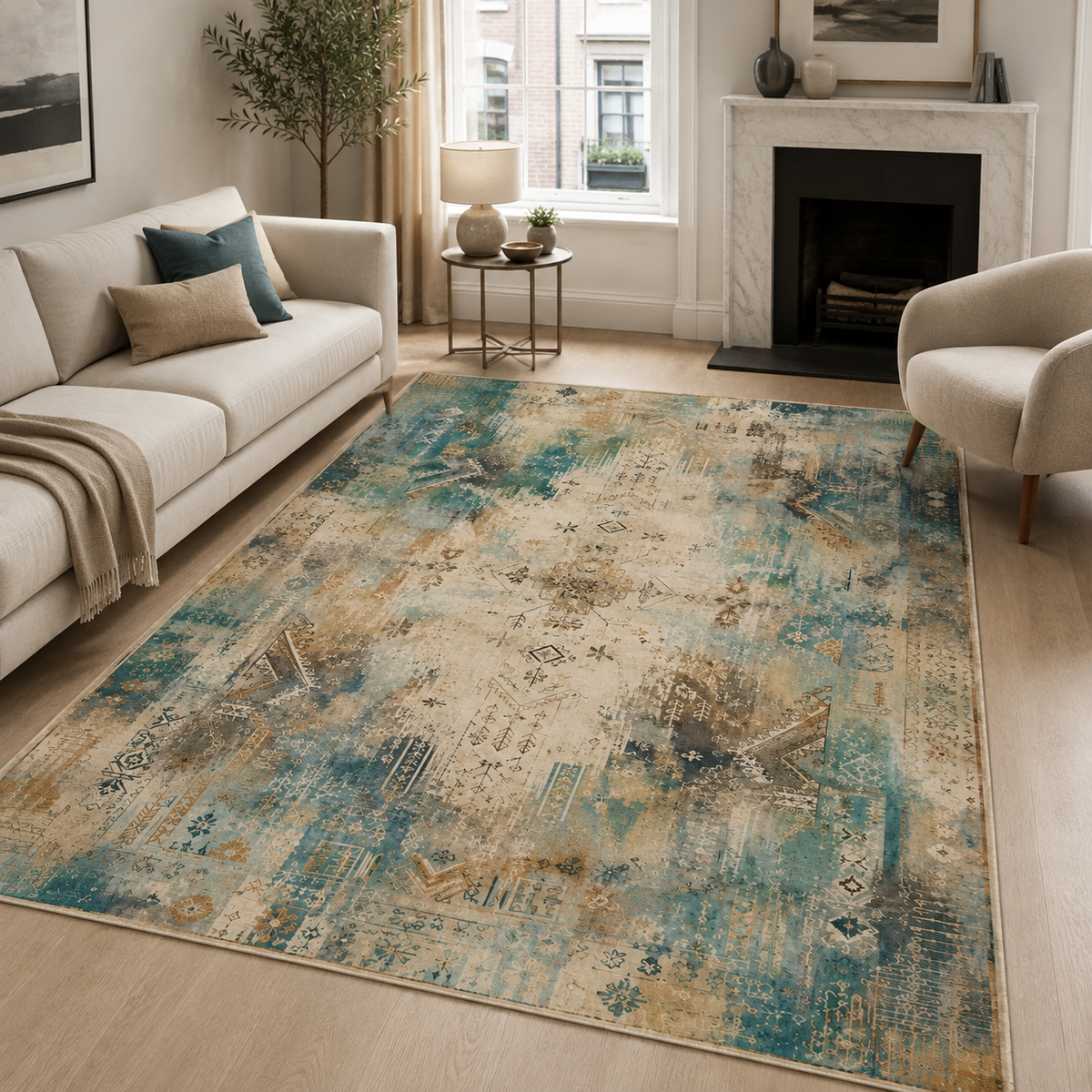 Tapis Abstrait Crème et Blanc Lavable Talia, vue 9