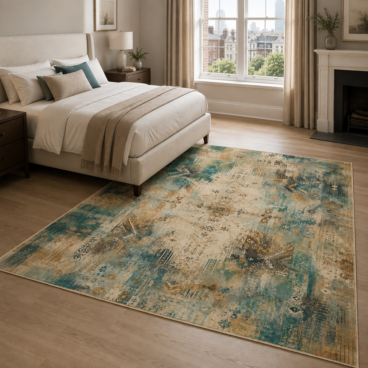 Détail du motif du tapis abstrait crème et blanc lavable Talia