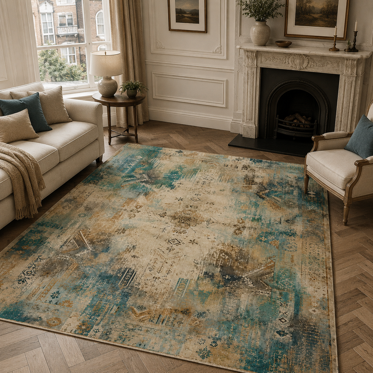 Tapis Abstrait Crème et Blanc Lavable Talia, vue 3
