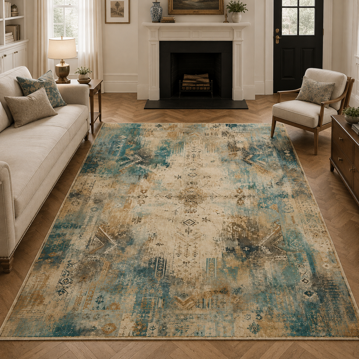 Tapis Abstrait Crème et Blanc Lavable Talia, vue 4