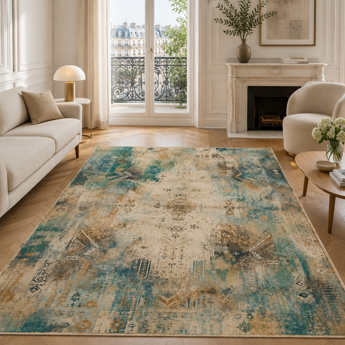 Tapis Abstrait Crème et Blanc Lavable Talia, vue 5