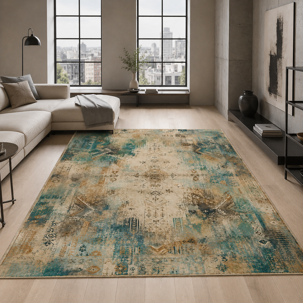 Tapis Abstrait Crème et Blanc Lavable Talia, vue 7