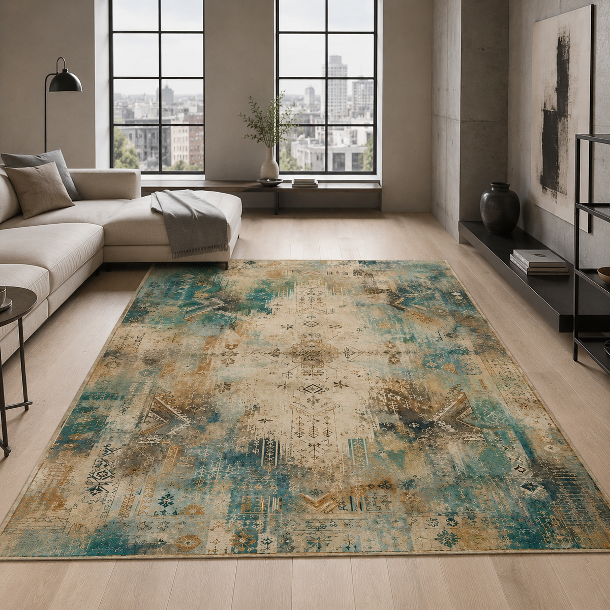 Tapis Abstrait Crème et Blanc Lavable Talia, vue 7