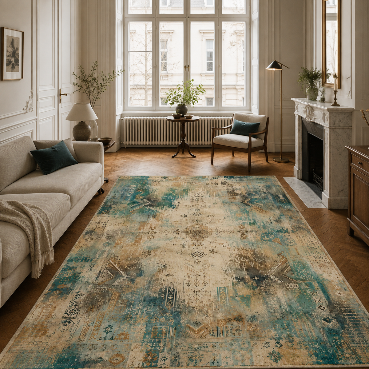 Tapis Abstrait Crème et Blanc Lavable Talia, vue 8
